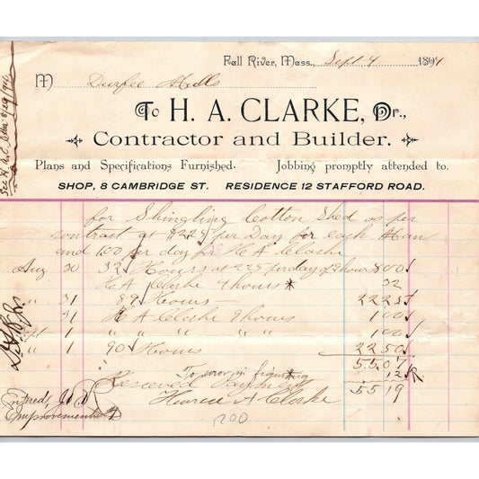 H.A. Clarke Contractor / Builder Fall River, MA 1894 Billhead