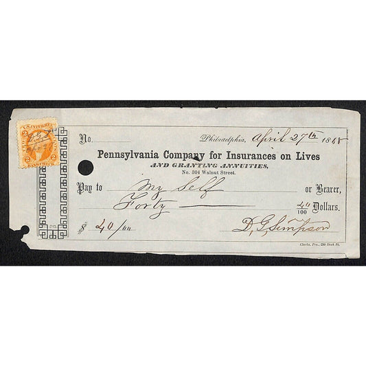1868 Pennsylvania Company for Insurances on Lives w/ Rev Stamp $40.00