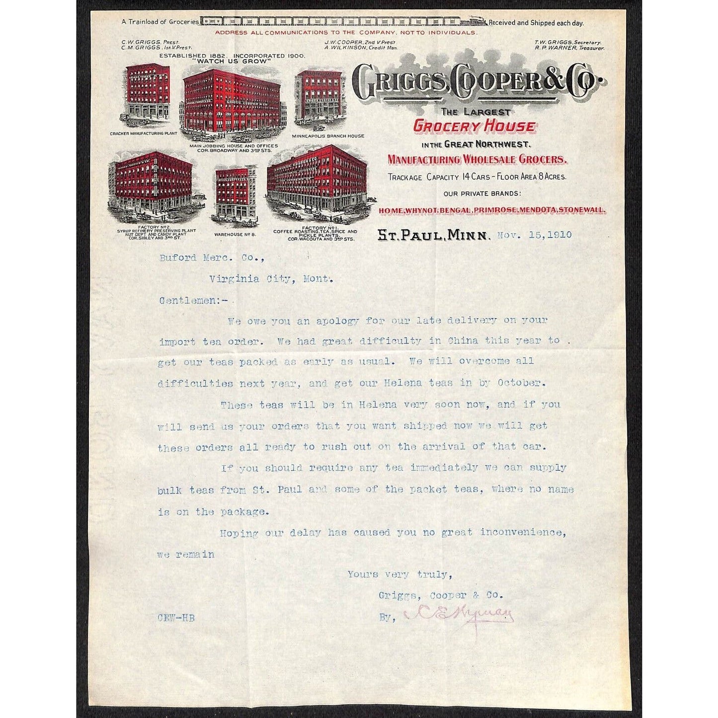 Griggs, Cooper & Co. St. Paul Grocery Buford* 1910 Letterhead re: Late Order