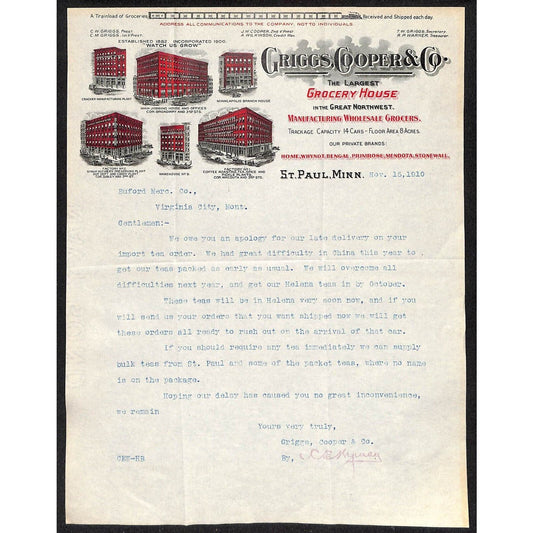Griggs, Cooper & Co. St. Paul Grocery Buford* 1910 Letterhead re: Late Order