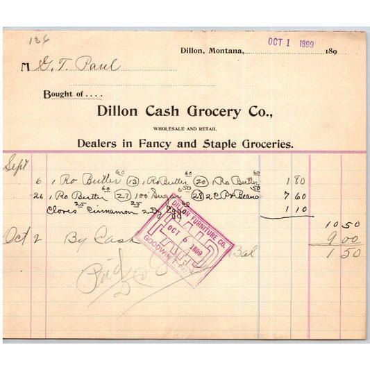 Dillon, MT Dillon Cash Grocery Co Fancy Groceries Oct 1 1899 Billhead G.T. Paul*