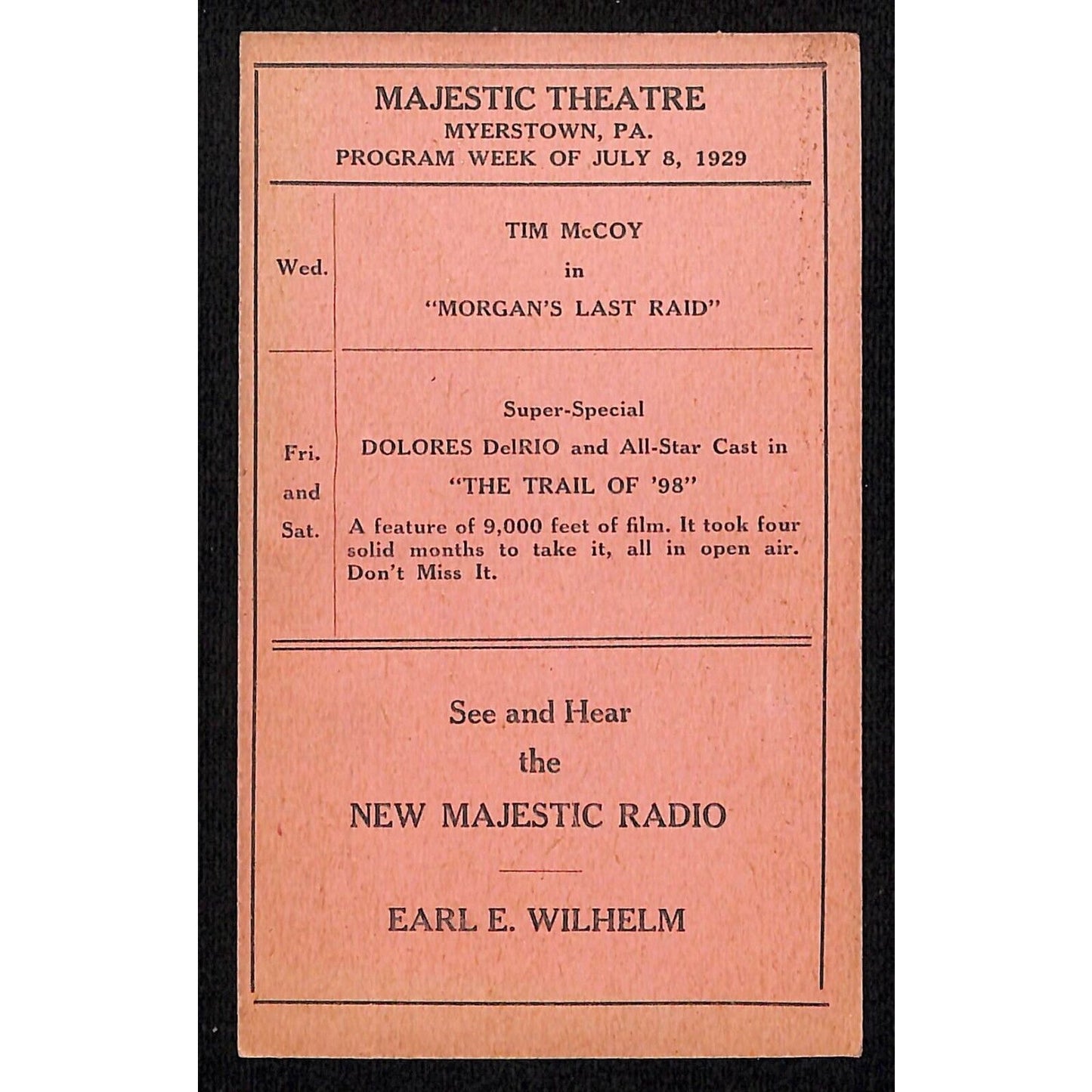 Majestic Theatre Myerstown PA 1929 "The Trail of '98" Program Card (#2) Scarce