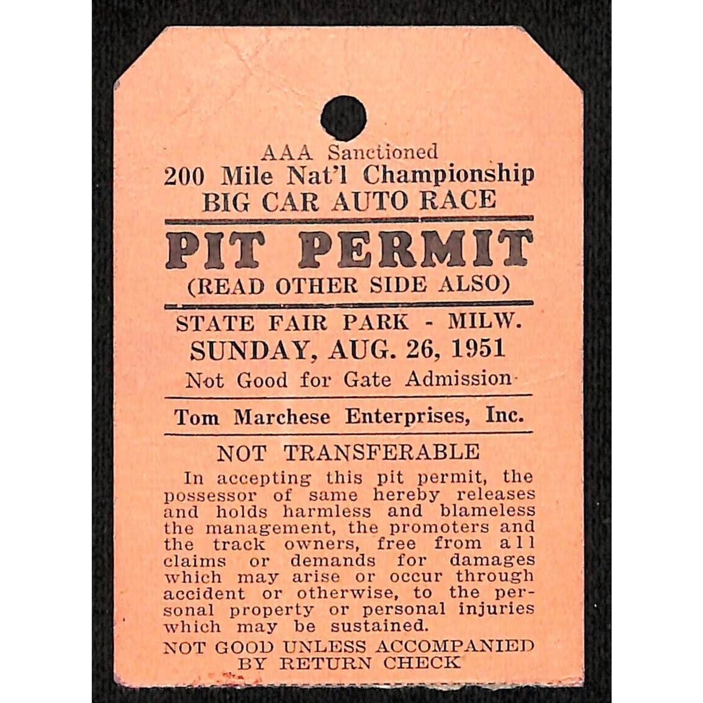1951 Milwaukee AAA 200 Mile Big Car Nat'l Championship Pit Ticket Stub Scarce