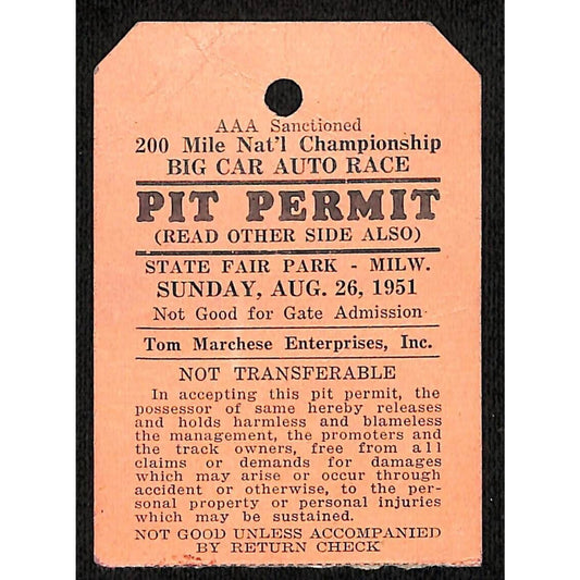 1951 Milwaukee AAA 200 Mile Big Car Nat'l Championship Pit Ticket Stub Scarce