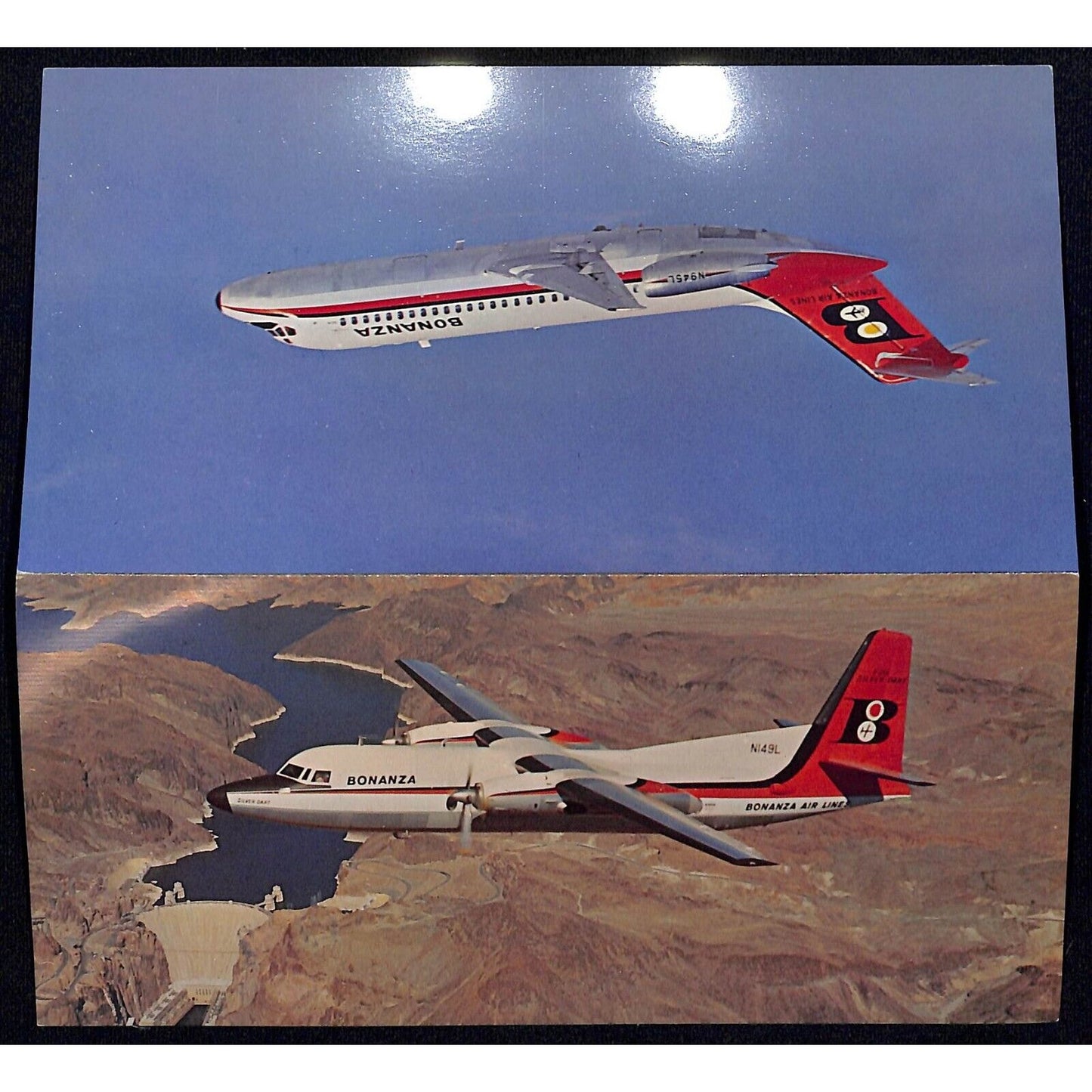 Bonanza Air Lines DC-9 / F-27A "Silver Dart" Double Long Postcard c1968 UP VGC