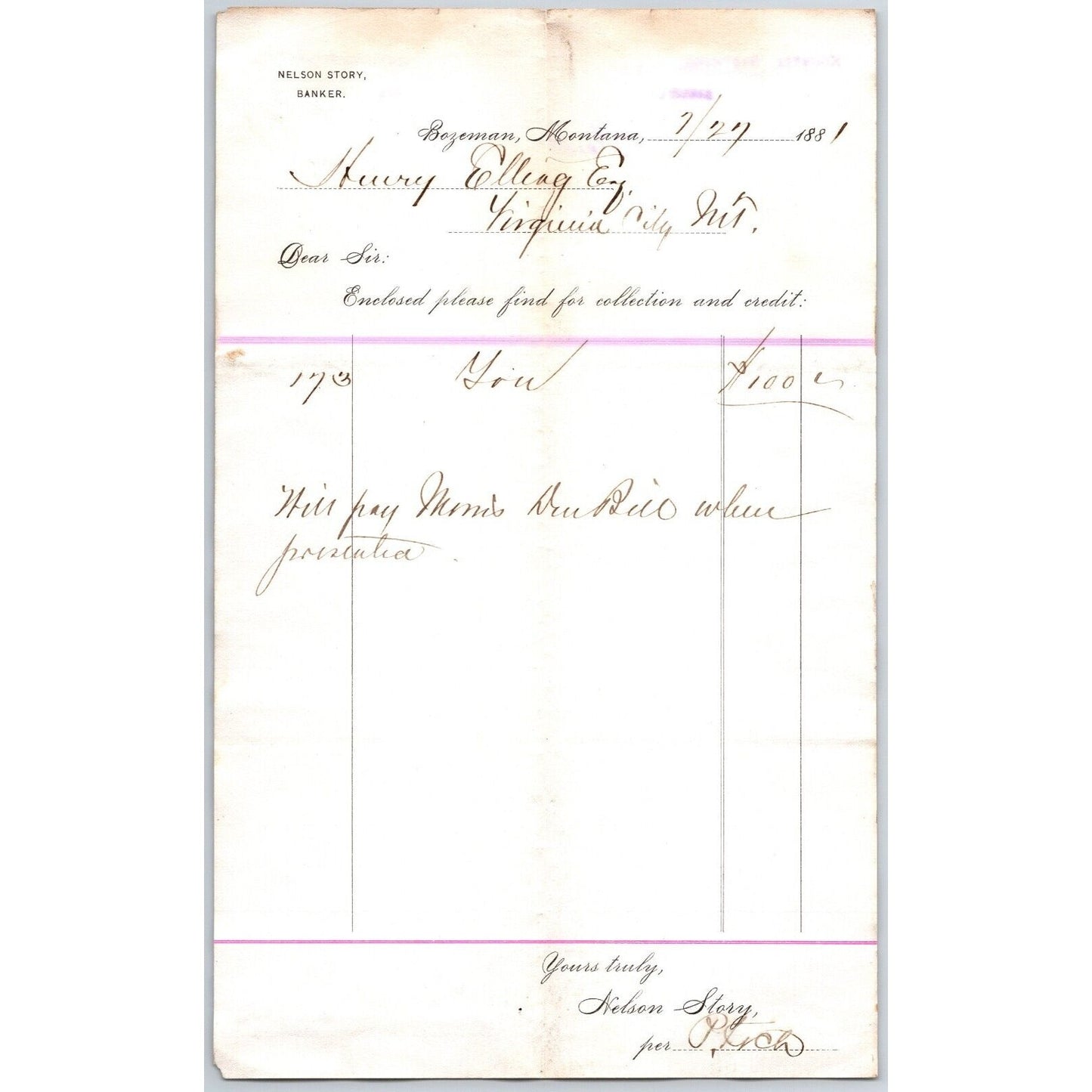 Nelson Story, Banker Bozeman, MT 1881 Statement / Billhead to Henry Elling*