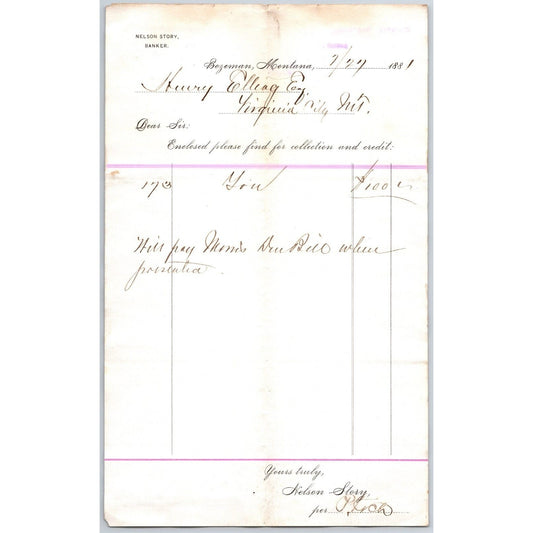 Nelson Story, Banker Bozeman, MT 1881 Statement / Billhead to Henry Elling*