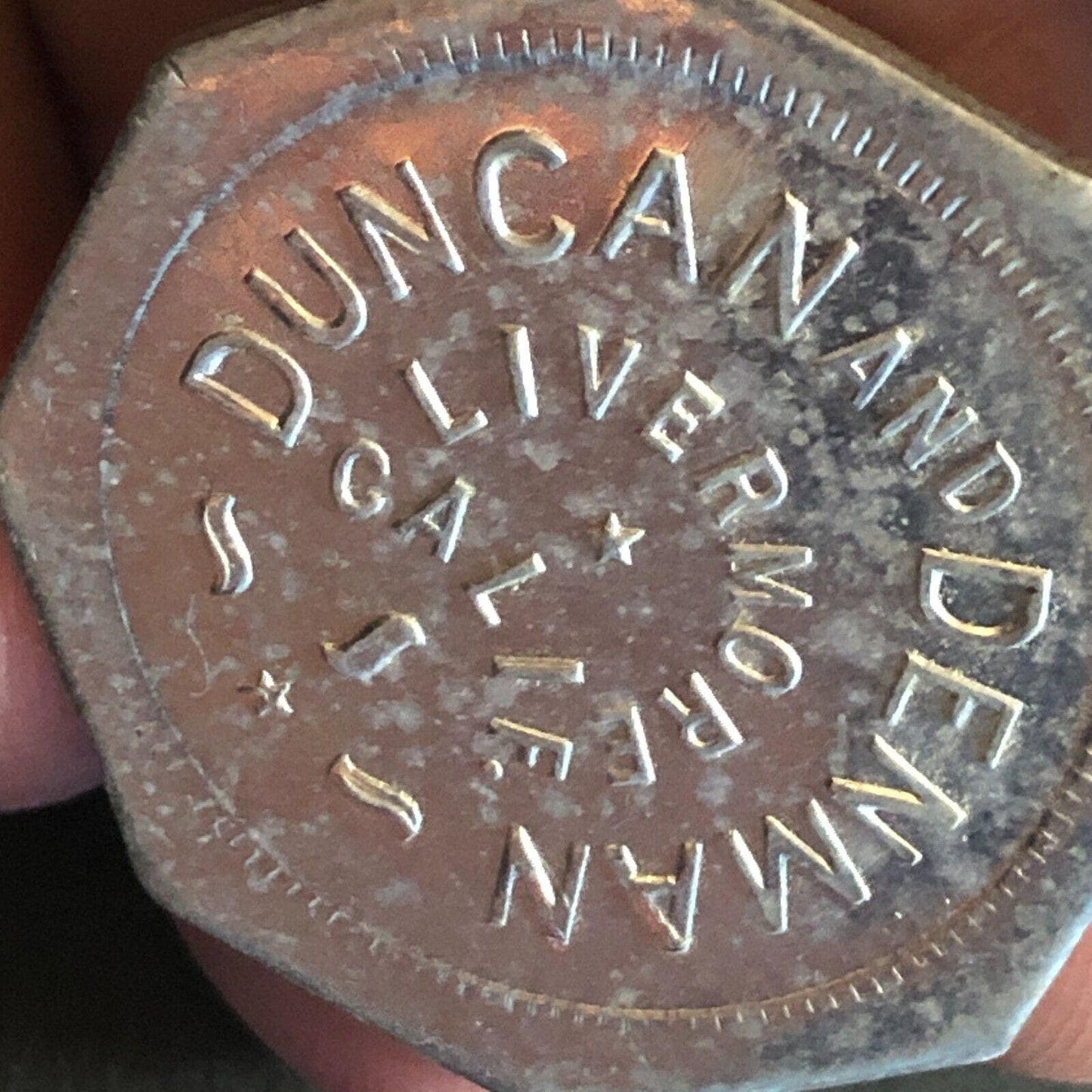 Duncan and Denman Livermore CA Cigars? Trade Token Alum G/F 12 1/2¢ 25mm