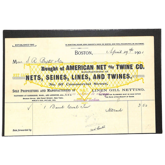 American Net and Twine Co. Boston 1901 Coal Tar Billhead (Nickerson & Baxter)