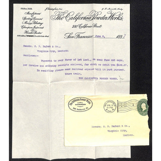 California Powder Works Jun 1897 Letterhead + Cover S.R. Buford Virginia City MT