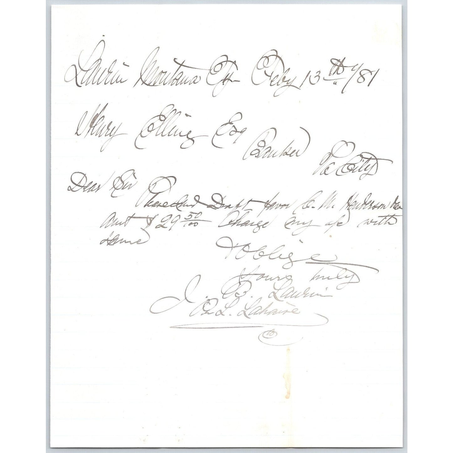 1881 ALS J.B. Laurin** Laurin, MT to Henry Elling* Virginia City, MT