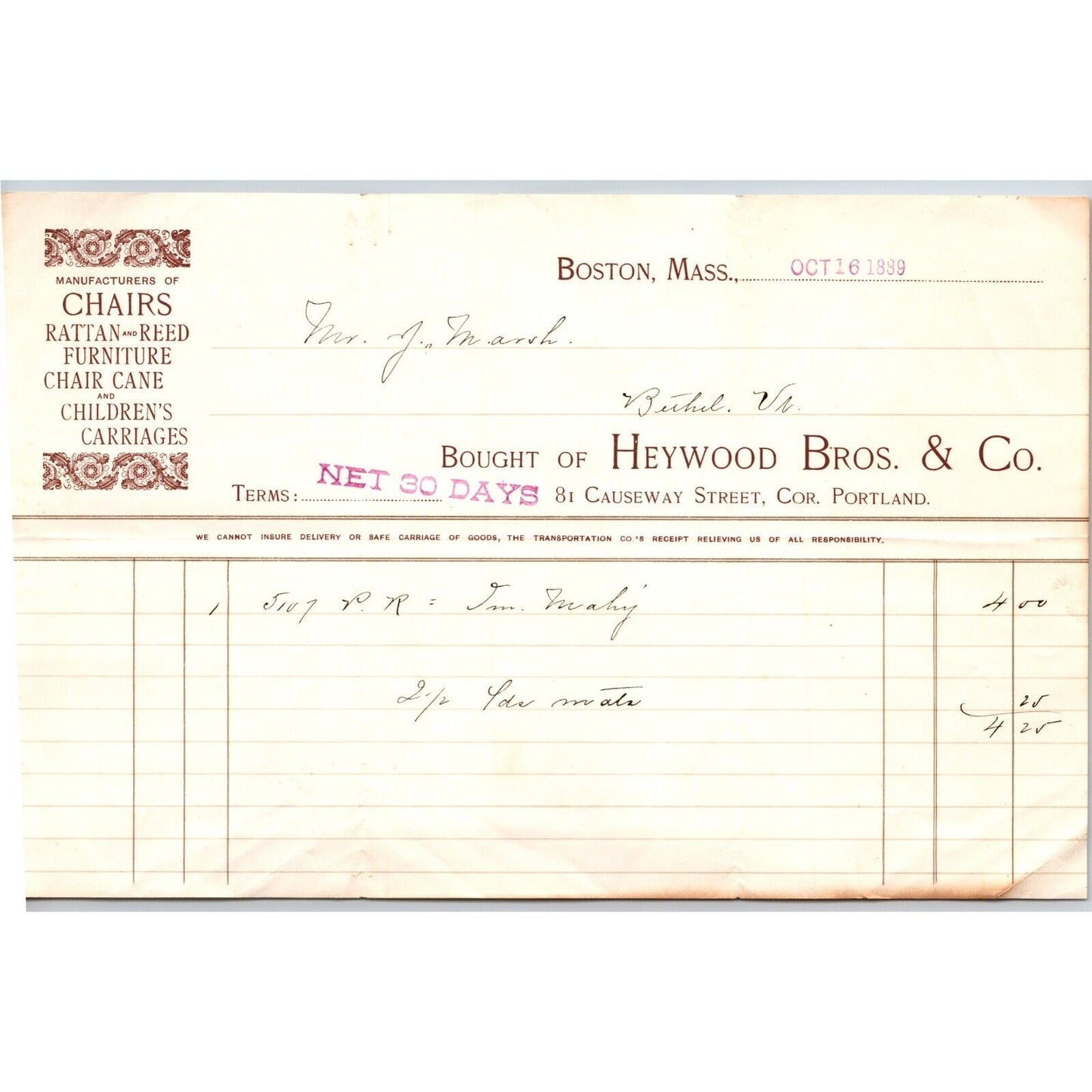 Heywood Bros. & Co. Boston, MA Billhead Rattan Chairs Children's Carriages 1889