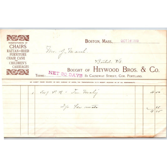 Heywood Bros. & Co. Boston, MA Billhead Rattan Chairs Children's Carriages 1889