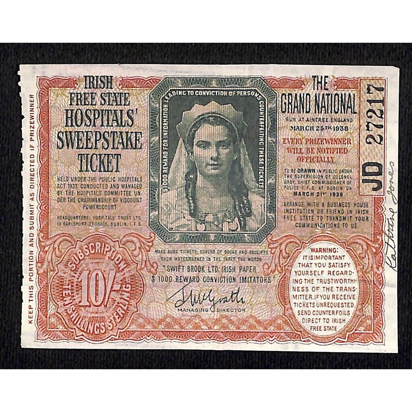 1938 Irish Lottery / Free State Hospitals' Sweepstakes Ticket #27217
