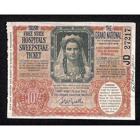1938 Irish Lottery / Free State Hospitals' Sweepstakes Ticket #27217