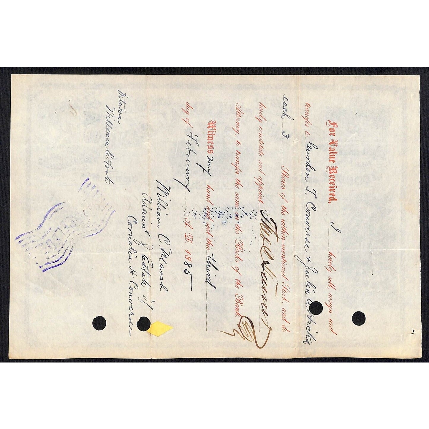 First National Bank of Cooperstown 1882 Stock Certificate Connelia H. Converse