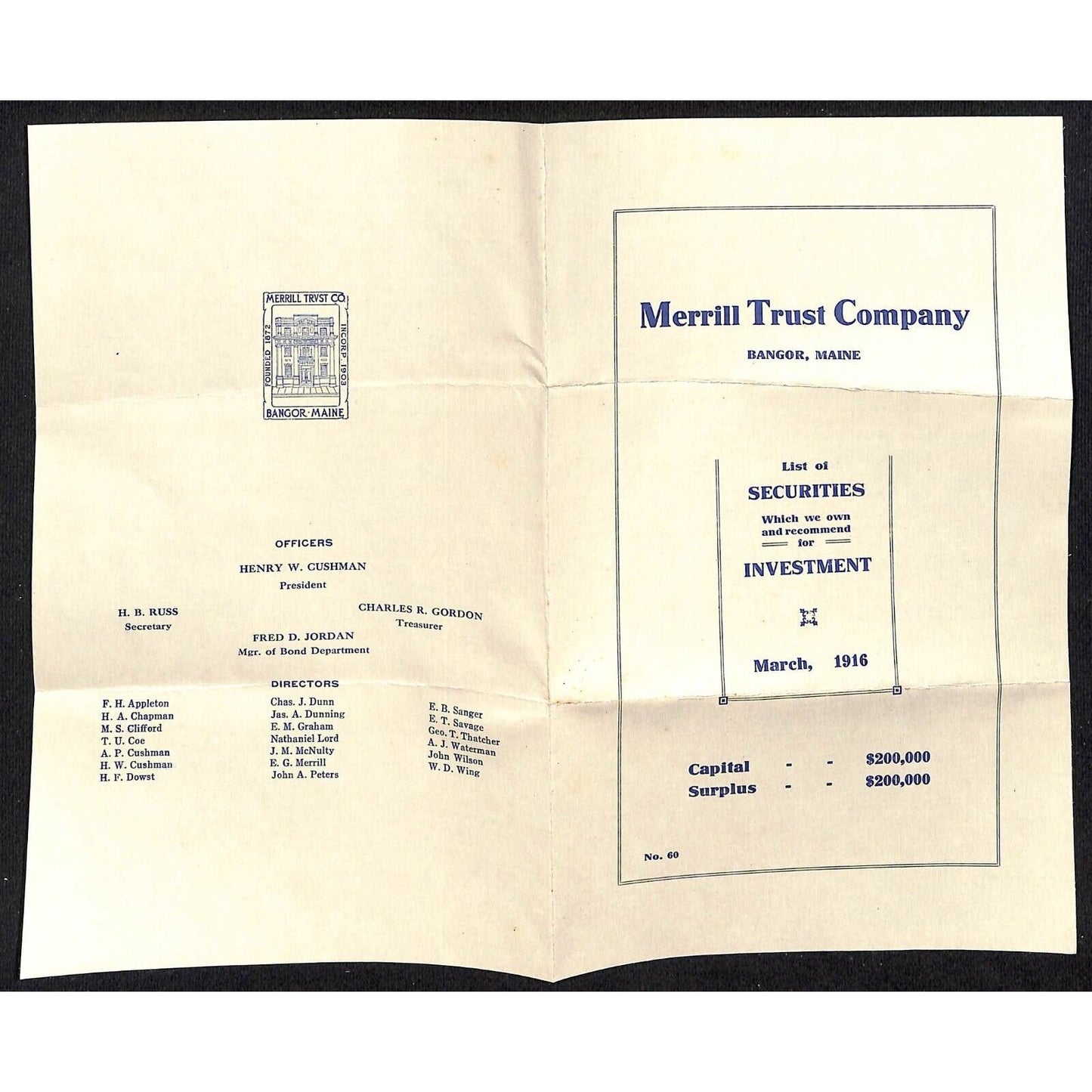 Bangor, ME Merrill Trust Co. 1916 List of Securities Sheet & Cover Knowlton*