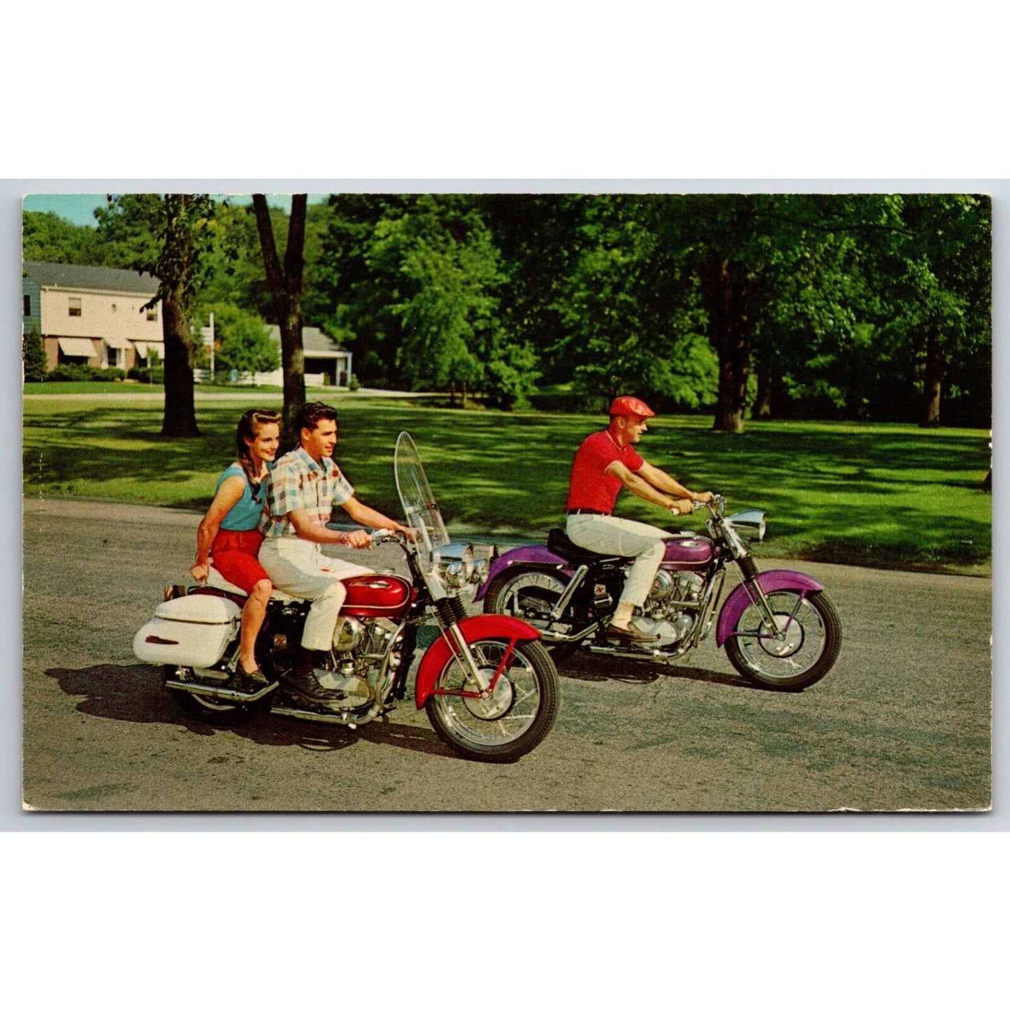 Harley Davidson Dealer Postcard 1963 Sportster H Solo & Double Riders VGC Scarce