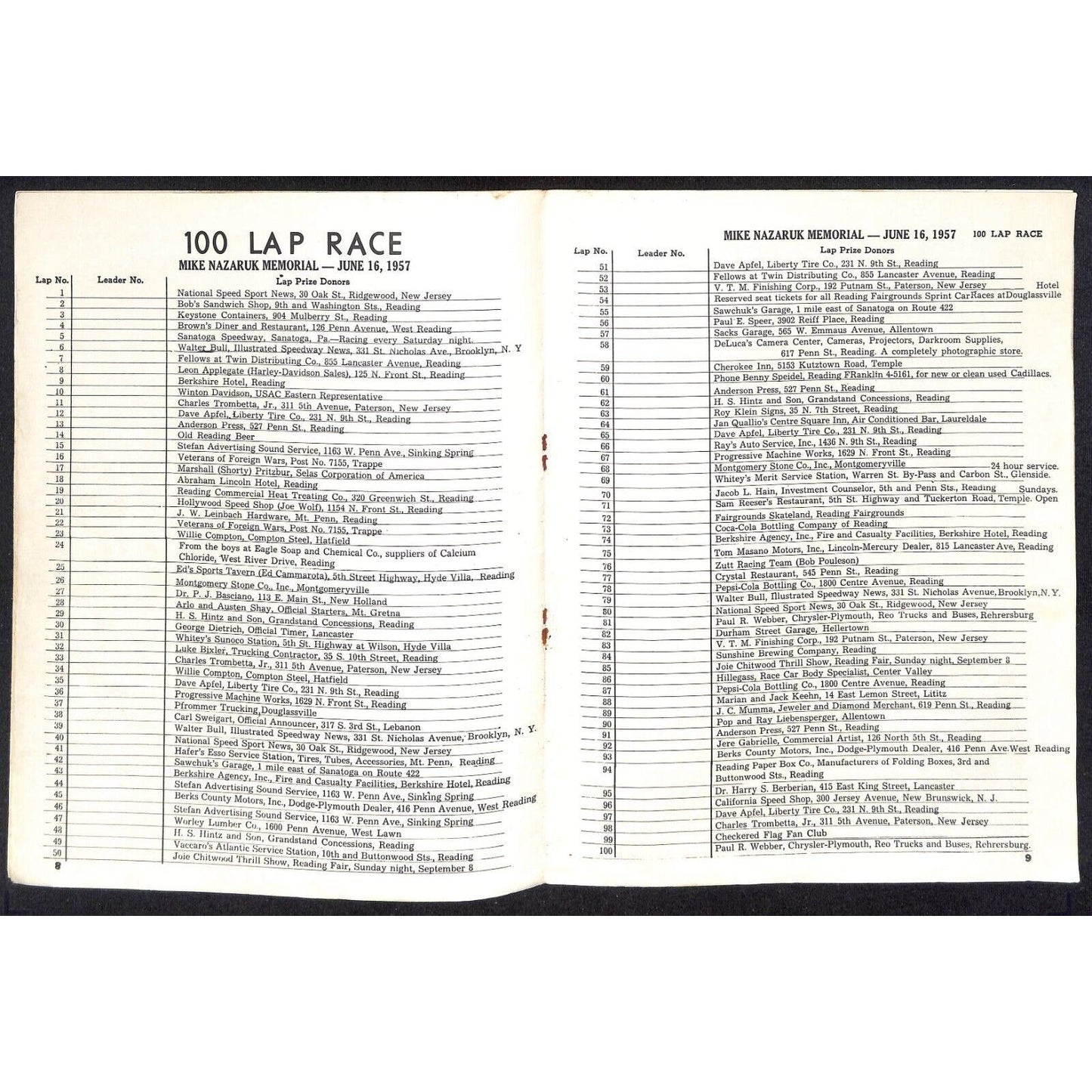Reading Fairgrounds 1957 Mike Nazaruk Memorial Auto Race Program 12pp* Scarce
