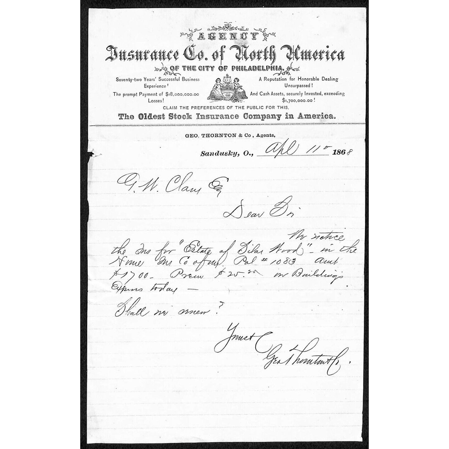 Insurance Co. of North America Sandusky, OH 1868 ALS Letterhead Scarce