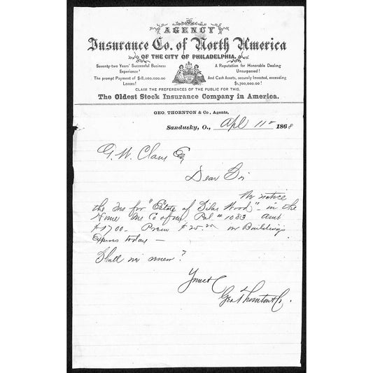 Insurance Co. of North America Sandusky, OH 1868 ALS Letterhead Scarce