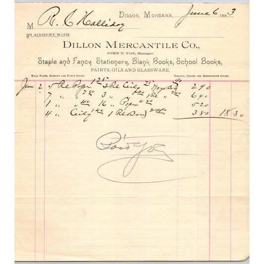 Dillon MT Dillon Mercantile Co. Stationary Books 1883 Billhead R.C. Halliday*