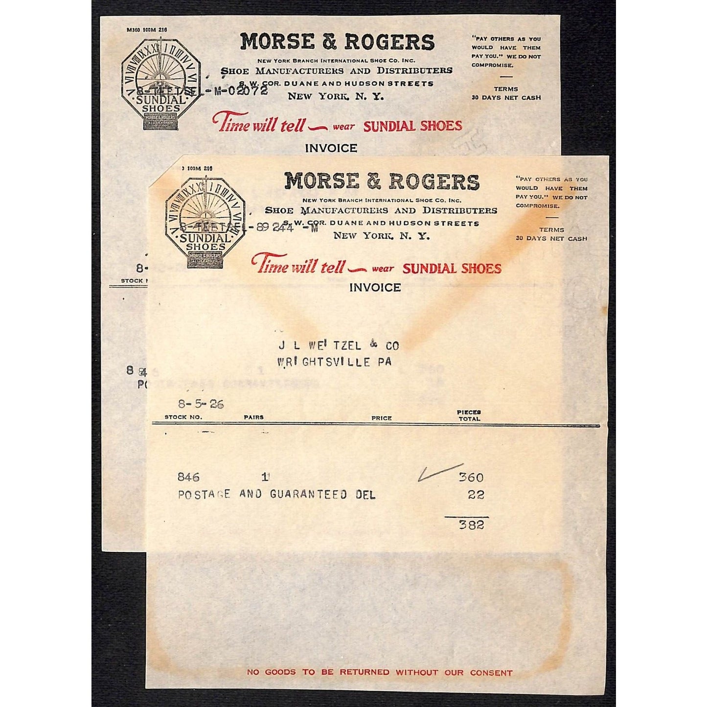 Morse & Rogers Sundial Shoe Mfg. Duane & Hudson Sts NYC 1926 2 Billheads + Cover