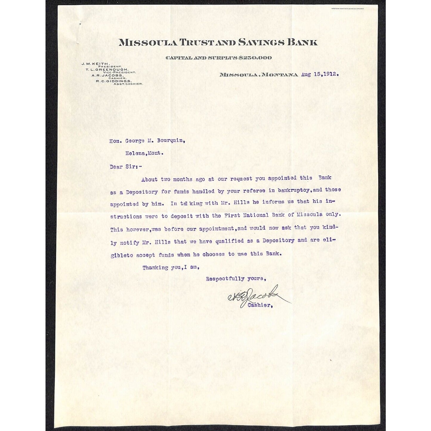 1912 Missoula Trust and Savings Bank Montana TLS to: George M. Bourquin