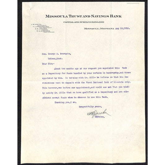 1912 Missoula Trust and Savings Bank Montana TLS to: George M. Bourquin