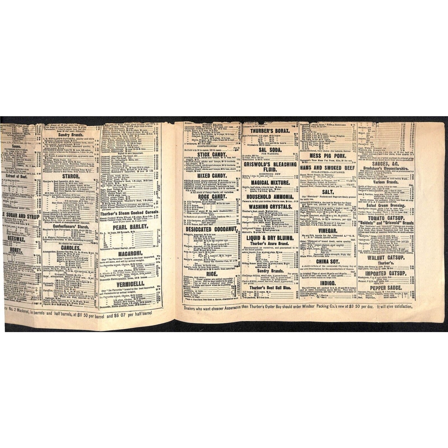 H.K. & F.B. Thurber & Co NYC 1880 Newspaper-Style Whsl. Food Price List TORN*