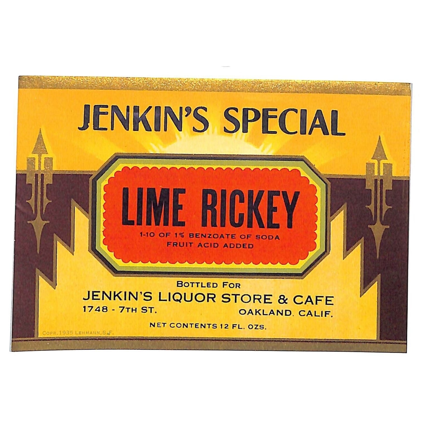 Jenkin's Lime Rickey Soda Label Liquor Store & Cafe Oakland c1935 Scarce
