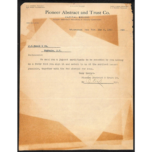1906 Pioneer Abstract Trust Indian Territory Muskogee, OK TLS Letterhead