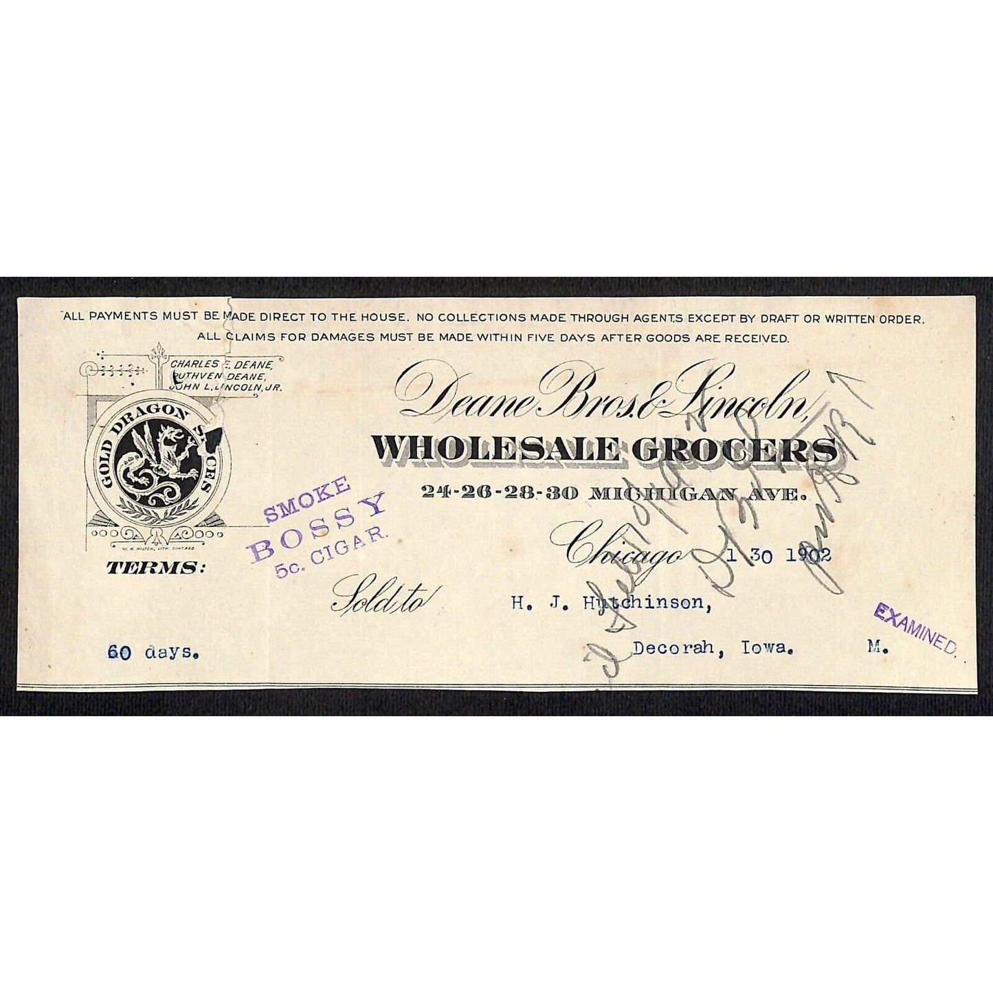 Deane Bros. & Lincoln Chicago Grocers Hutchinson Decorah, IA* Cut 1902 Billhead