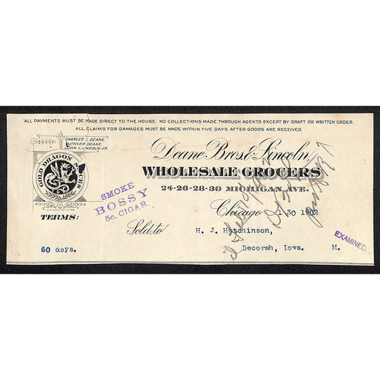 Deane Bros. & Lincoln Chicago Grocers Hutchinson Decorah, IA* Cut 1902 Billhead