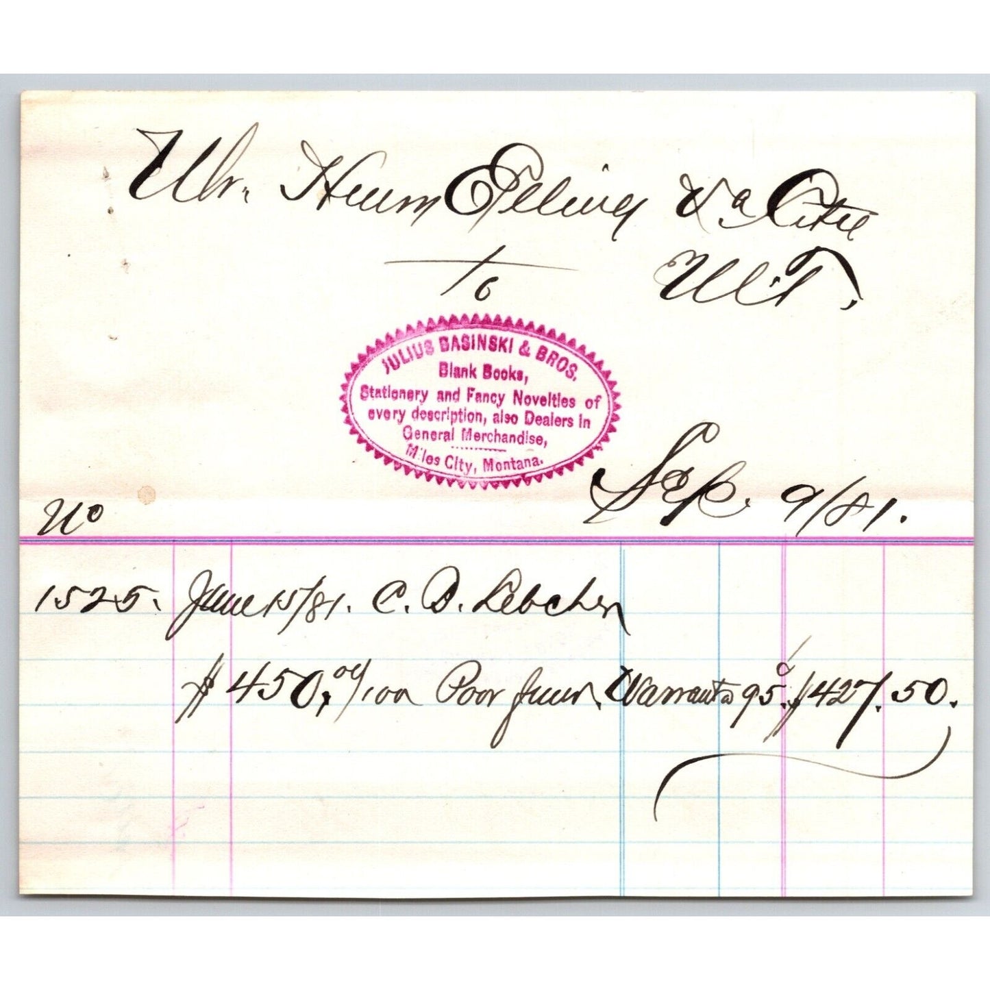 Julius Basinski 1881 Small Billhead "Poor Juror Warrant" Order Henry Elling*