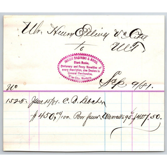 Julius Basinski 1881 Small Billhead "Poor Juror Warrant" Order Henry Elling*