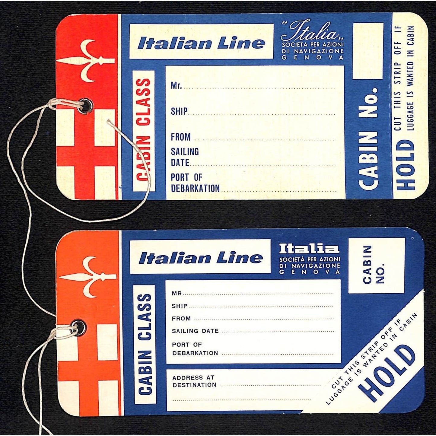 Italian Lines - Pair of NOS c1960's-70's Cabin Class "Hold" Luggage Tags