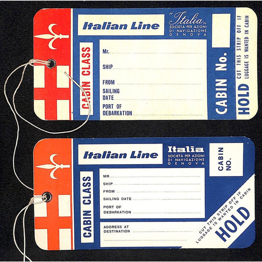 Italian Lines - Pair of NOS c1960's-70's Cabin Class "Hold" Luggage Tags
