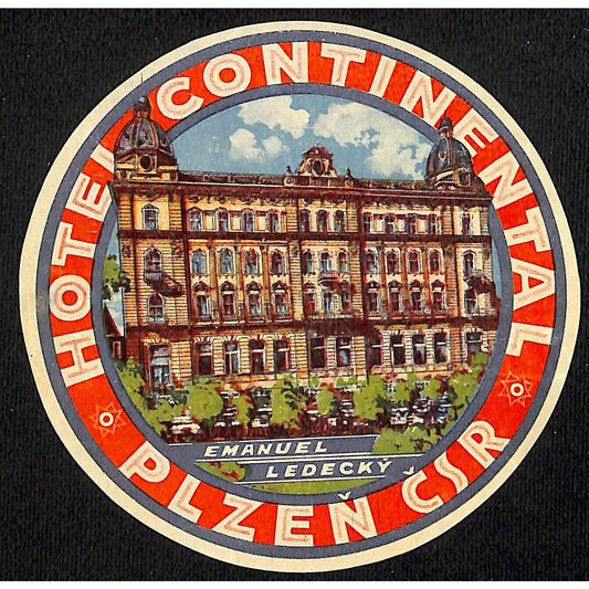 Hotel Continental Plzen Czech Republic Emanuel Ledecky Luggage Label Original