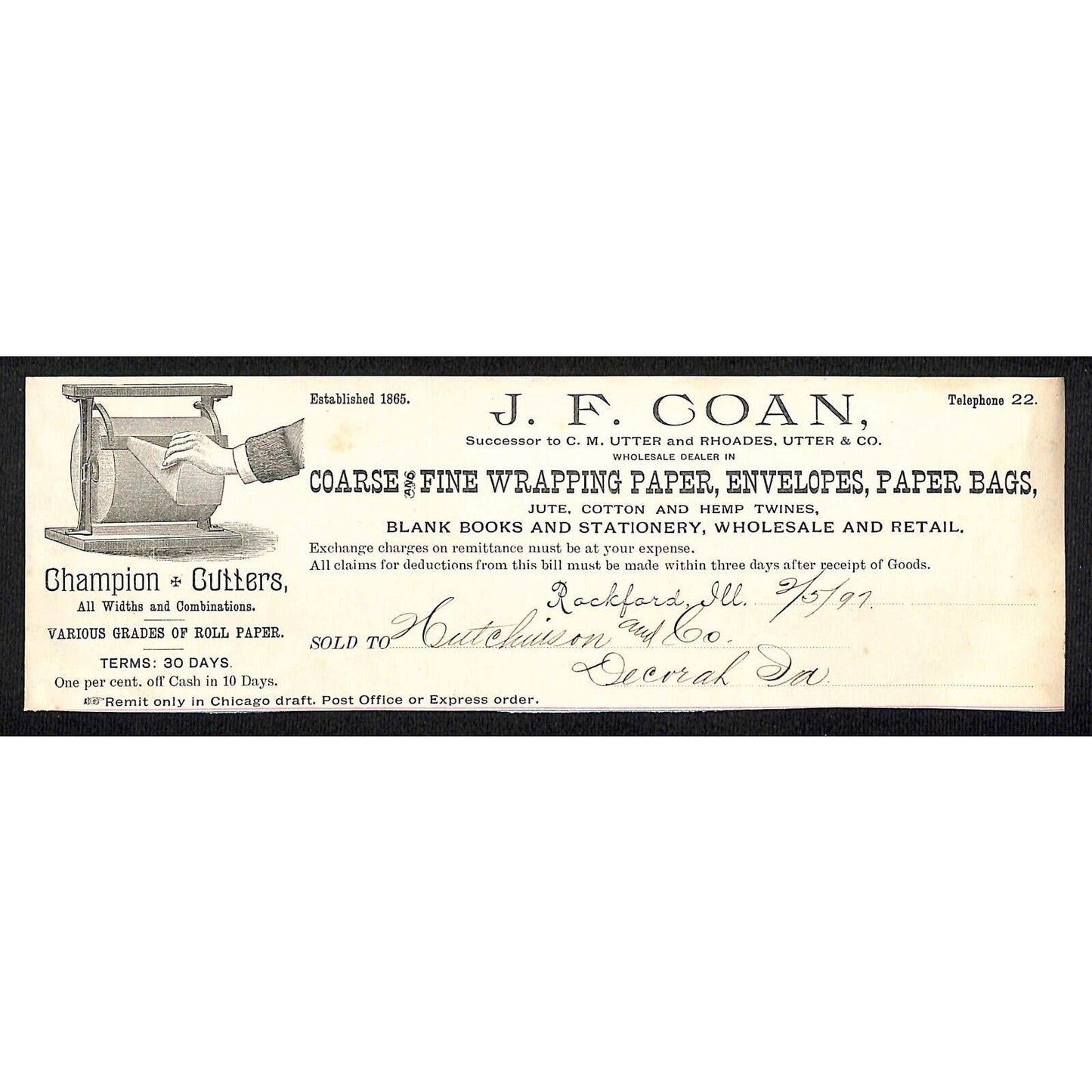 J.F. Coan Champion Paper Cutters Rockford, IL Decorah IA* Cut 1897 Billhead