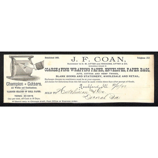 J.F. Coan Champion Paper Cutters Rockford, IL Decorah IA* Cut 1897 Billhead