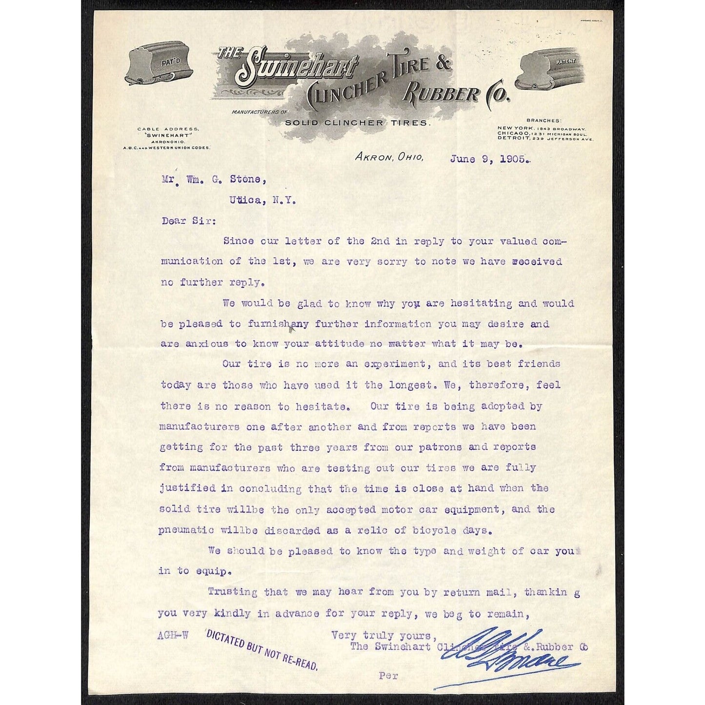 Swinehart Clincher Tire & Rubber Co. Akron, OH 1905 Letterhead re: Solid Tires