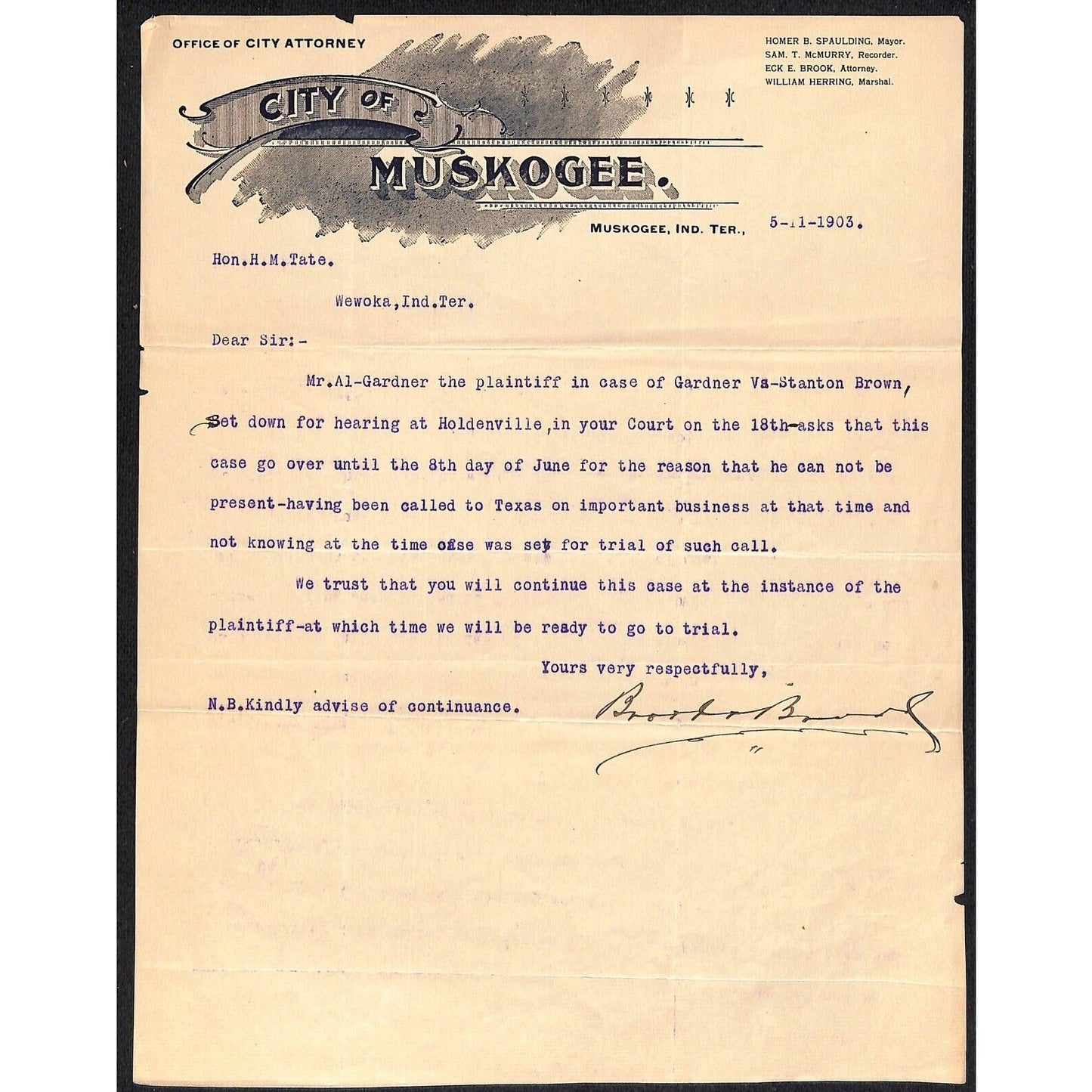 1903 City of Muskogee, OK Indian Territory Office of City Attorney Letterhead