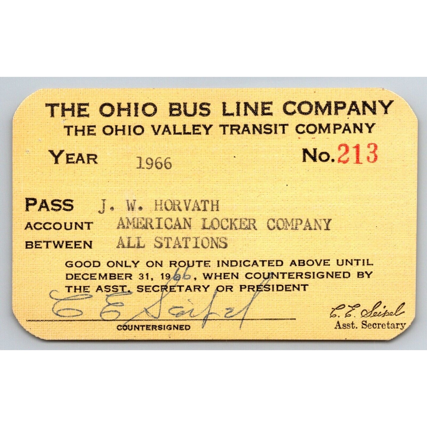 Ohio Bus Lines / Ohio Valley Transit 1966 Annual / Yearly Bus Pass #213