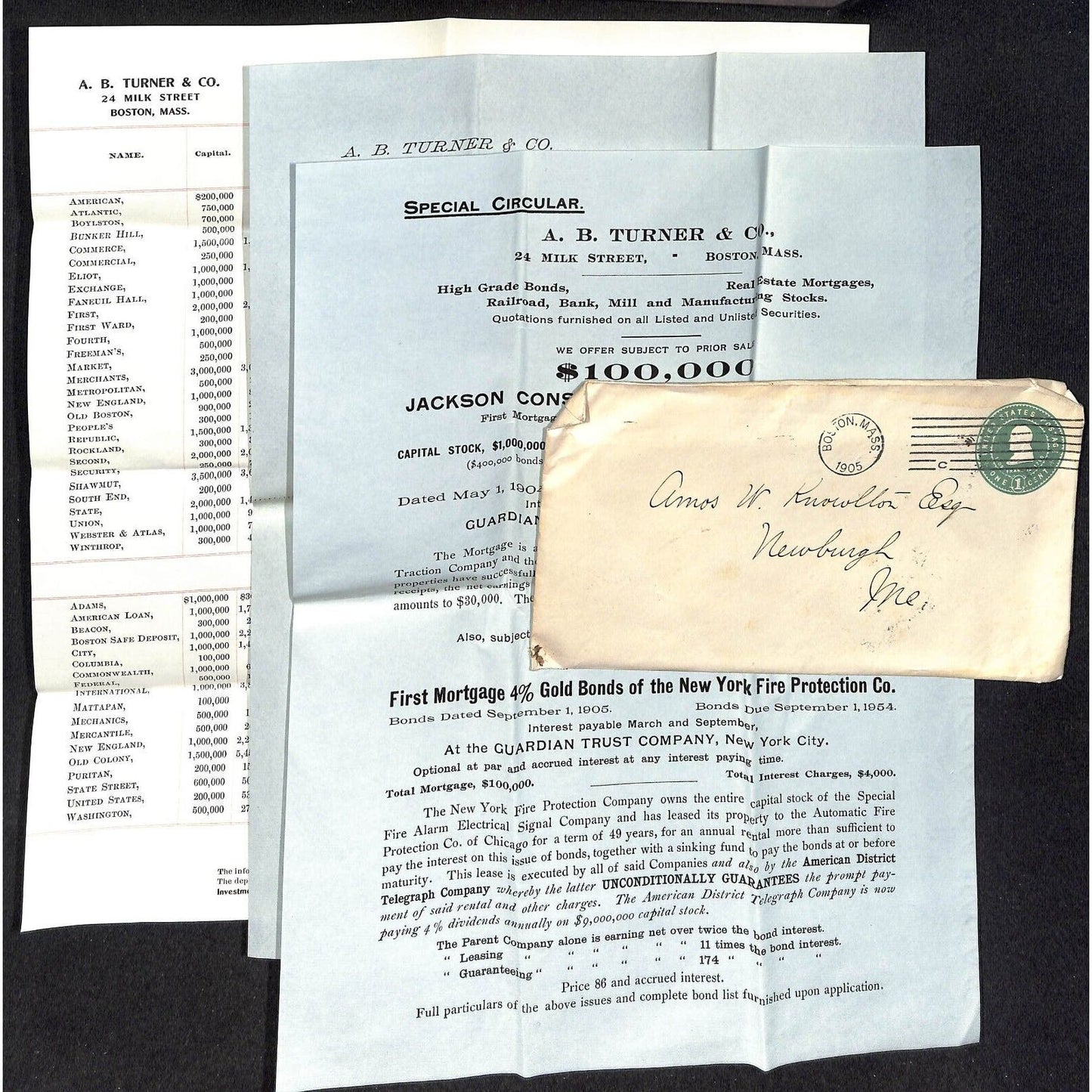 1905 Boston National Banks List w/ $ Data & A.B. Turner & Co. Sheets Knowlton*