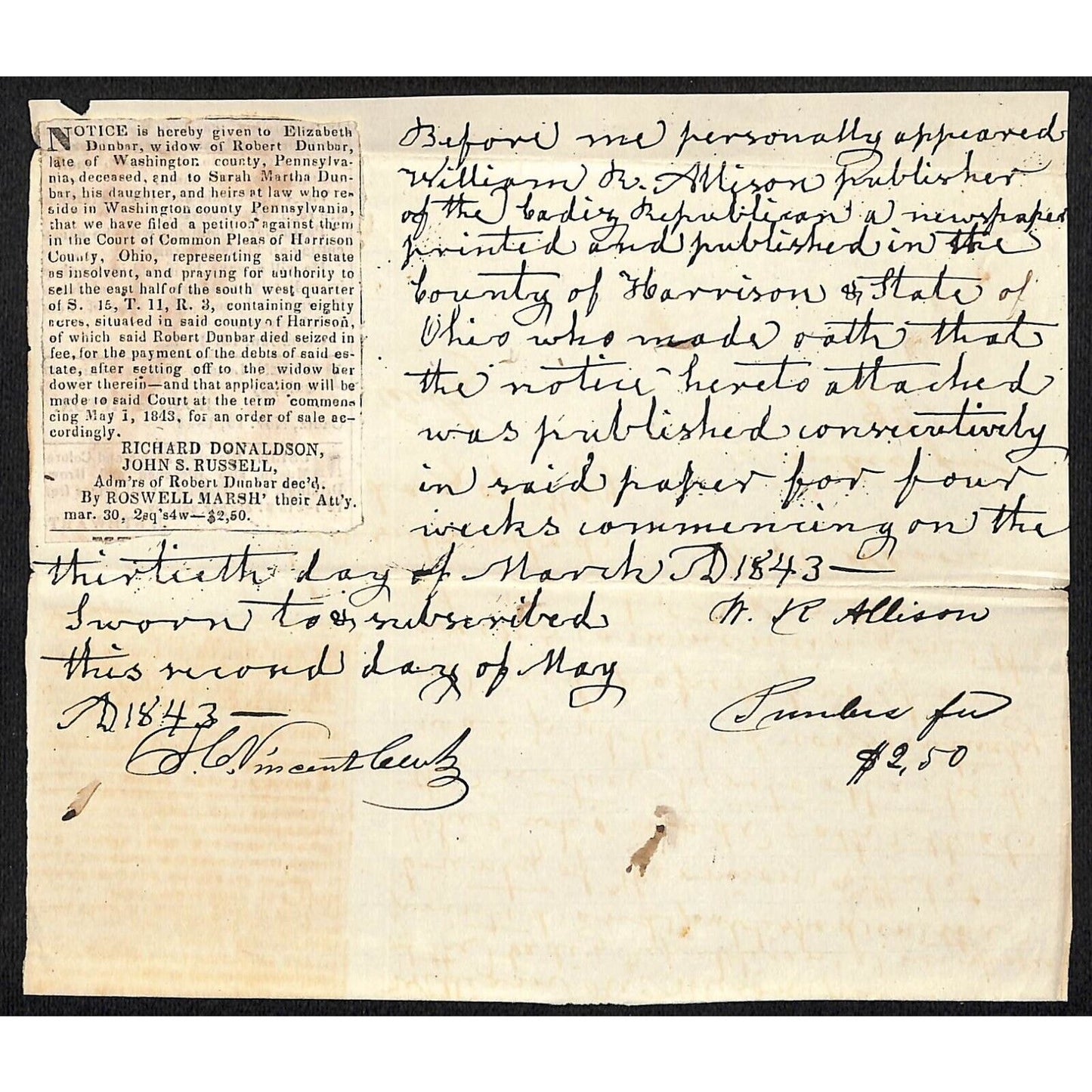 1843 Philadelphia Elizabeth Dunbar Debt Petition Publication Record / Document