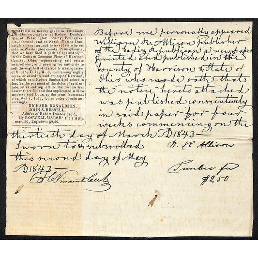 1843 Philadelphia Elizabeth Dunbar Debt Petition Publication Record / Document