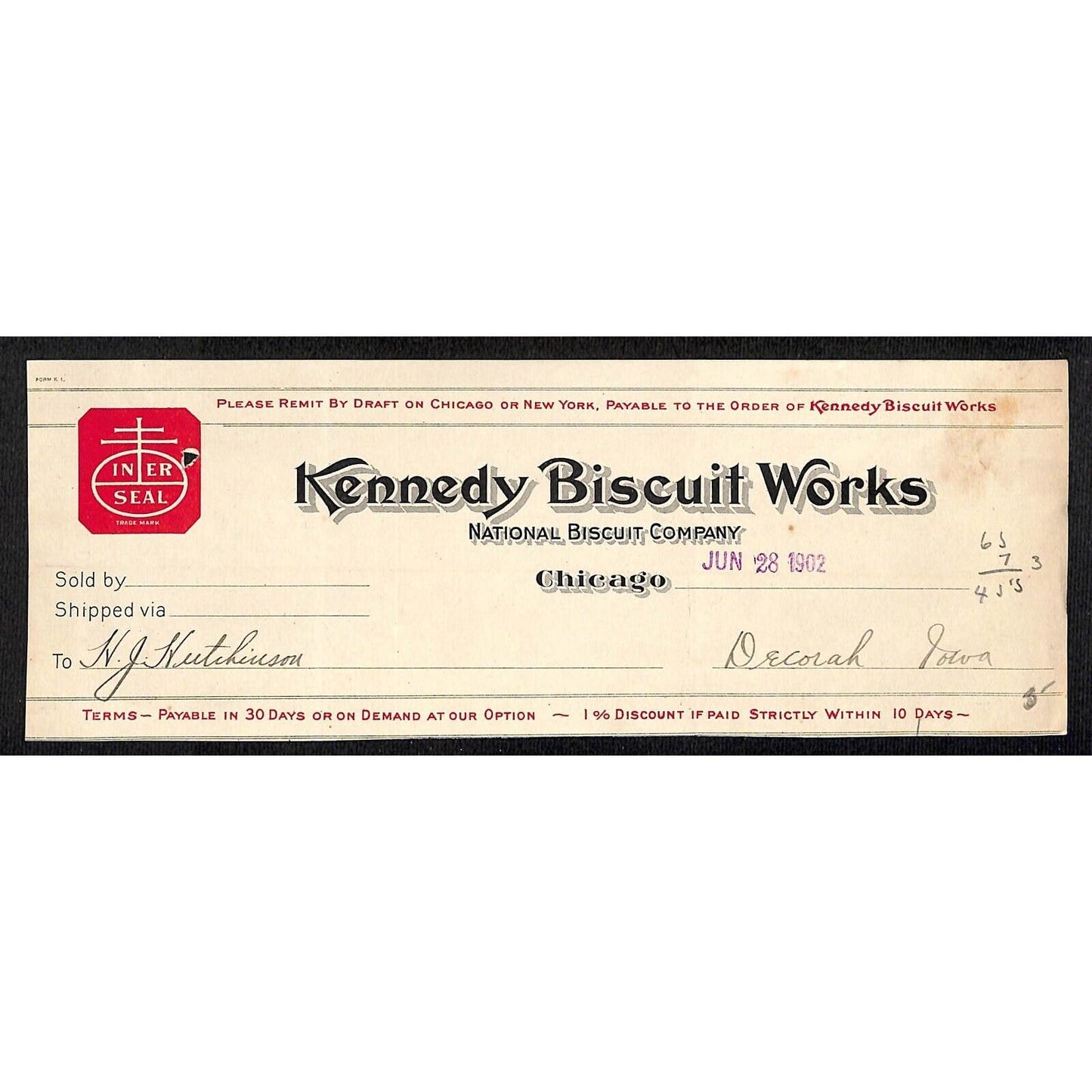 Kennedy Biscuit Works (later Nabisco*) Hutchinson Decorah IA** Cut 1902 Billhead