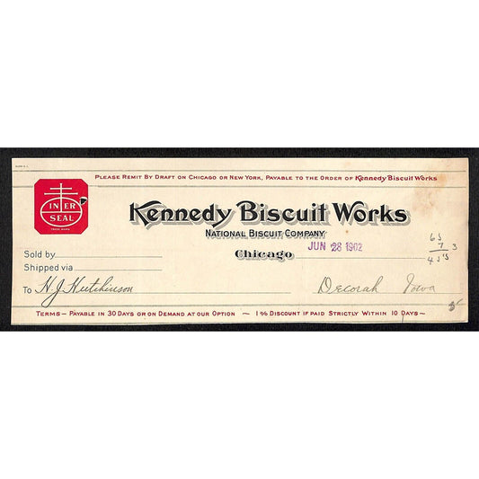 Kennedy Biscuit Works (later Nabisco*) Hutchinson Decorah IA** Cut 1902 Billhead