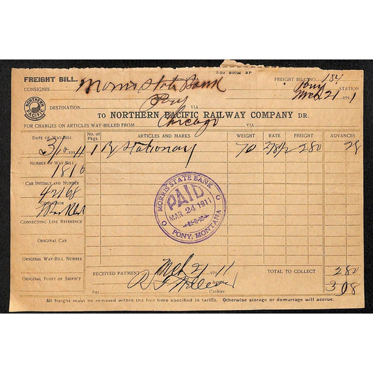 Northern Pacific Railway 1911 Freight Receipt for 70 lbs. Stationary Pony, MT